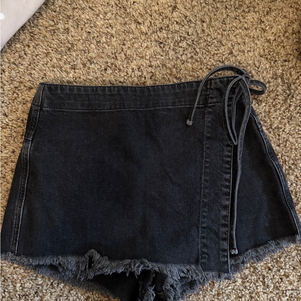 We The Free Black Denim Skort with Frayed Hem